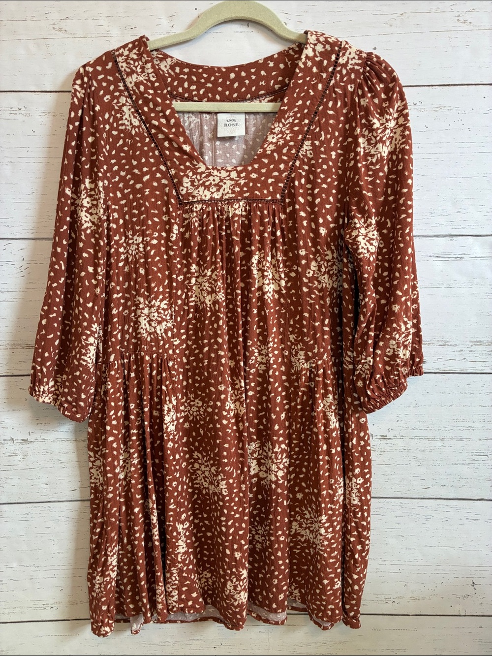 Knox Rose Rust Brown & Cream Patterned 3/4 Sleeved Dress, size M